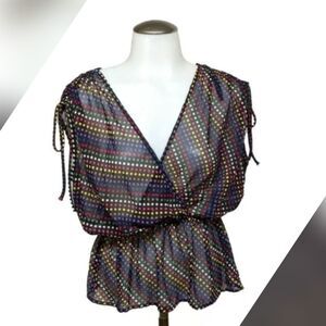 Papaya Blouse Women Small Sheer V-neck Gather Waist Polka Dots Summer Top S